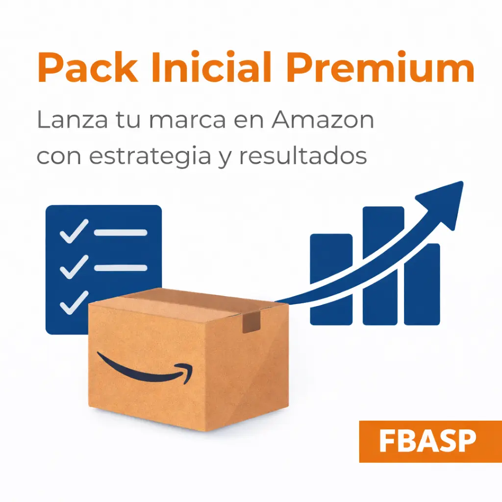 Imagen promocional del Pack Inicial Premium para Amazon FBA, mostrando servicios estratégicos, creación de fichas optimizadas, campañas PPC y diseño de tienda Amazon para emprendedores y marcas